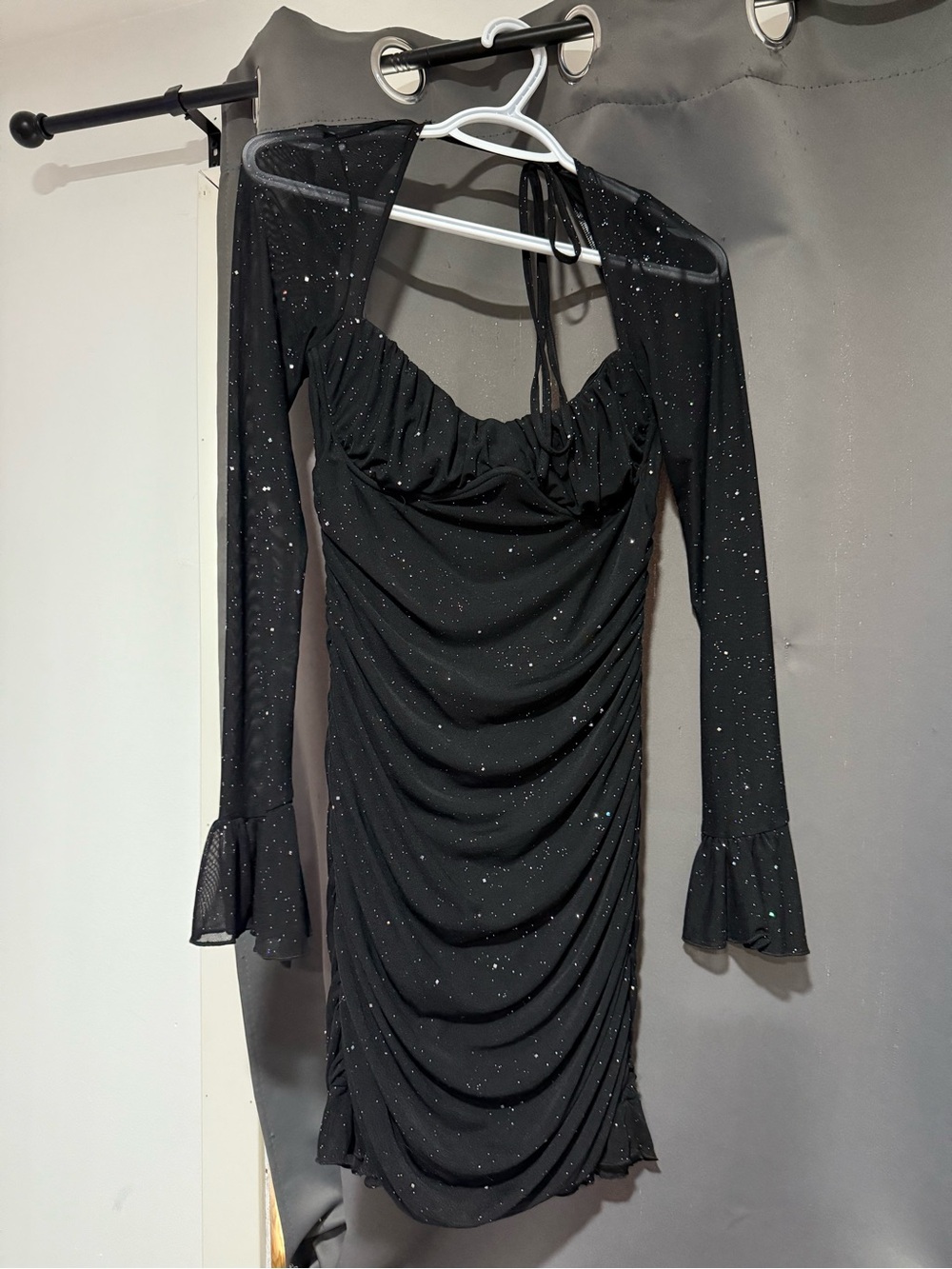 Fashion Nova Black Sparkle Halter Ruched Mini Dress
